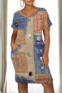 Multicolor Casual Daily Faux Denim Print Pocket Contrast V Neck Printed Short Sleeve Dress