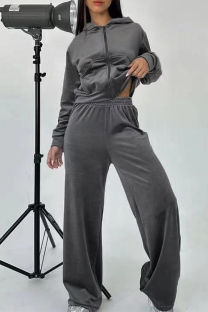 Silver Gray Casual Solid Color Pocket Patchwork Zipper Zipper Collar Long Sleeve Two Pieces
