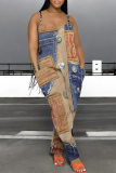Baby Blue Casual Street Faux Denim Print Pocket Contrast U Neck Boot Cut Jumpsuits