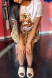 White Casual Print Pleated O Neck Short Sleeve Two Pieces