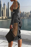 Baby Blue Casual Street Faux Denim Print Contrast O Neck Printed Dresses