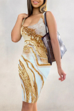 Multicolor Sexy Street Geometric Print Gradient Color Contrast U Neck Printed Dresses