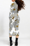 Cream White Street Elegant Floral Print Contrast Half A Turtleneck Printed Dresses