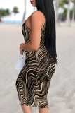 Multicolor Sexy Street Geometric Print Gradient Color Contrast U Neck Printed Dresses