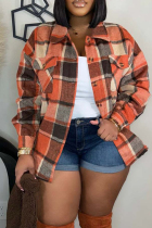 Tangerine Red Casual Plaid Pocket Buckle Patchwork Turndown Collar Outerwear
