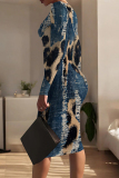Dark Blue White Casual Print Patchwork O Neck Wrapped Skirt Dresses