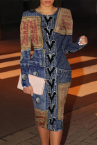 Dark Blue Casual Street Faux Denim Print Contrast O Neck Printed Dresses