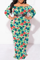 Red Green Sexy Floral Print Contrast Off Shoulder Printed Plus Size Dresses(No Belt)