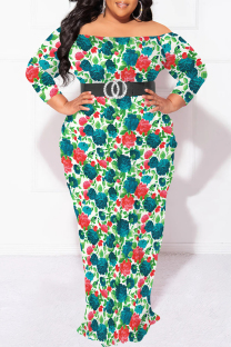 Red Green Sexy Floral Print Contrast Off Shoulder Printed Plus Size Dresses(No Belt)