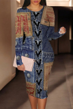 Multicolor Casual Street Faux Denim Print Contrast O Neck Printed Dresses