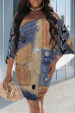 Multicolor Sexy Street Faux Denim Print Contrast Off Shoulder Irregular Dresses