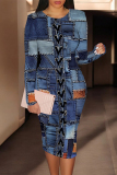 Baby Blue Casual Street Faux Denim Print Contrast O Neck Printed Dresses