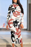 Cream White Street Elegant Floral Print Contrast Half A Turtleneck Printed Dresses