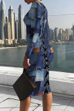 Baby Blue Casual Street Faux Denim Print Contrast O Neck Printed Dresses