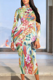 Cream White Street Elegant Floral Print Contrast Half A Turtleneck Printed Dresses