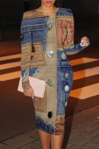 Multicolor Casual Street Faux Denim Print Contrast O Neck Printed Dresses