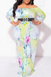 Light Yellow Sexy Floral Print Contrast Off Shoulder Printed Plus Size Dresses(No Belt)