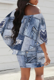 Multicolor Sexy Street Faux Denim Print Contrast Off Shoulder Irregular Dresses
