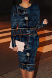 Dark Blue White Casual Print Patchwork O Neck Wrapped Skirt Dresses