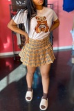 White Casual Print Pleated O Neck Short Sleeve Two Pieces