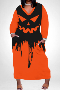 Tangerine Red Casual Street Skull Graffiti Print Pocket Contrast V Neck Printed Plus Size Dresses