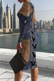 Multicolor Casual Street Faux Denim Print Contrast O Neck Printed Dresses
