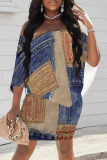 Multicolor Sexy Street Faux Denim Print Contrast Off Shoulder Irregular Dresses
