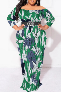 Dark Green Sexy Floral Print Contrast Off Shoulder Printed Plus Size Dresses(No Belt)