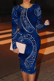 Dark Blue White Casual Print Patchwork O Neck Wrapped Skirt Dresses