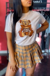 White Casual Print Pleated O Neck Short Sleeve Two Pieces