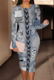 Baby Blue Casual Street Faux Denim Print Contrast O Neck Printed Dresses