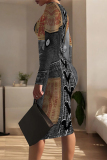 Baby Blue Casual Street Faux Denim Print Contrast O Neck Printed Dresses