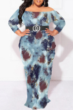 Blue Sexy Floral Print Contrast Off Shoulder Printed Plus Size Dresses(No Belt)