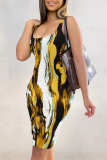 Multicolor Sexy Street Geometric Print Gradient Color Contrast U Neck Printed Dresses