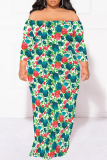 Blue Sexy Floral Print Contrast Off Shoulder Printed Plus Size Dresses(No Belt)