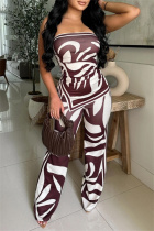 Reddish Brown Casual Print Backless Slit Strapless Sleeveless Two Pieces