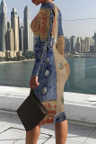 Multicolor Casual Street Faux Denim Print Contrast O Neck Printed Dresses
