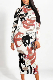 White Red Street Elegant Floral Print Contrast Half A Turtleneck Printed Dresses