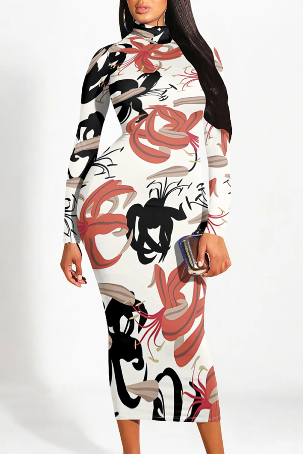 White Red Street Elegant Floral Print Contrast Half A Turtleneck Printed Dresses