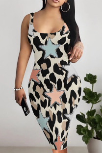 Beige Sexy Street Geometric Print Lips Leopard Contrast U Neck Printed Dresses