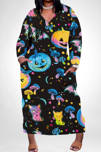 Colour Casual Street Skull Graffiti Print Pocket Contrast V Neck Printed Plus Size Dresses