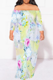 Blue Sexy Floral Print Contrast Off Shoulder Printed Plus Size Dresses(No Belt)
