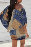 Multicolor Sexy Street Faux Denim Print Contrast Off Shoulder Irregular Dresses