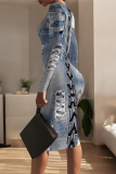 Baby Blue Casual Street Faux Denim Print Contrast O Neck Printed Dresses