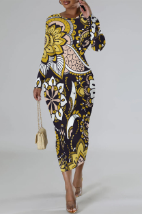 Yellow Casual Street Elegant National Totem Print Contrast O Neck Printed Dresses