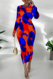 Blue Pink Street Elegant Geometric Print Flowers Contrast O Neck Printed Dresses