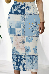 Sky Blue Sexy Print Patchwork Skinny Mid Waist Full Print Bottoms