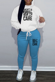 Sky Blue Casual Letters Draw String Pocket Patchwork Contrast Hooded Long Sleeve Two Pieces