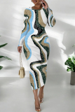 Blue Pink Street Elegant Geometric Print Flowers Contrast O Neck Printed Dresses