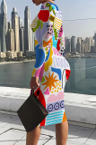 Beige Casual Street Geometric Print Contrast O Neck Printed Dresses